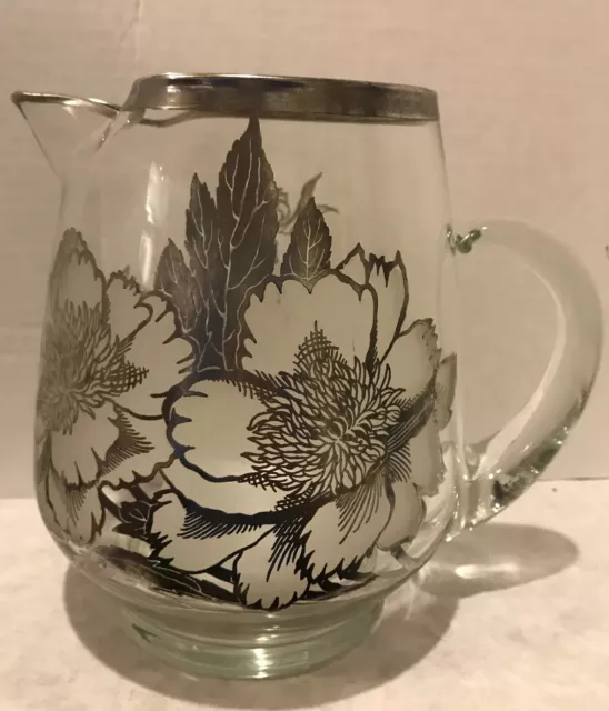 MCM Sterling Silver Frosted Floral Overlay Blown Glass Pitcher With Ice Lip