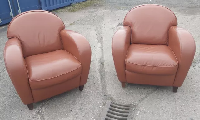Art Deco Leather Club Chairs Pair (May Split)