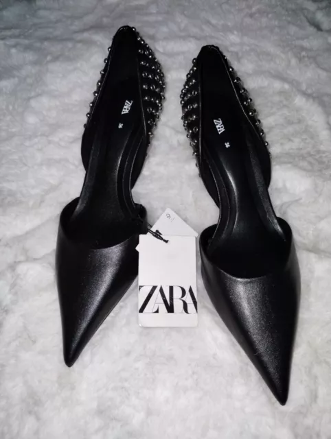 NWT ZARA Women’s Black Pointed Toe Studded Mid Heels Pumps 36 EU 6 US