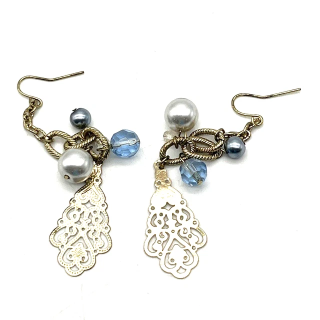 VTG 3" Pair Drop Dangle Hook Earrings Faux Pearl w/Gold Color Metal Filagree