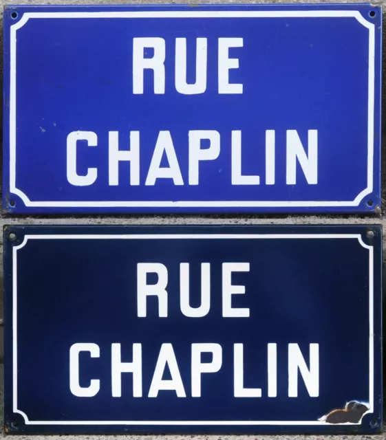 Old vintage French enamel street sign road plaque plate name Charlie rue Chaplin