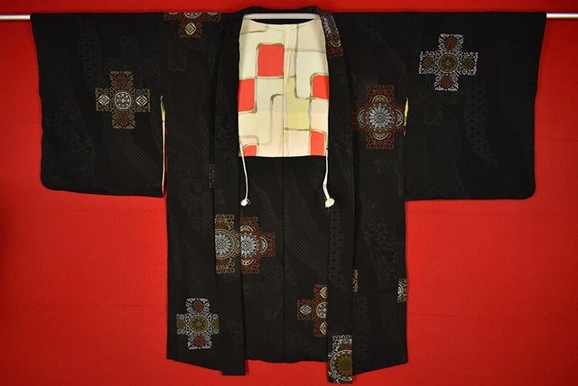 Vintage Japanese Kimono Silk Antique BORO Black HAORI Kusakizome Woven/B099/565