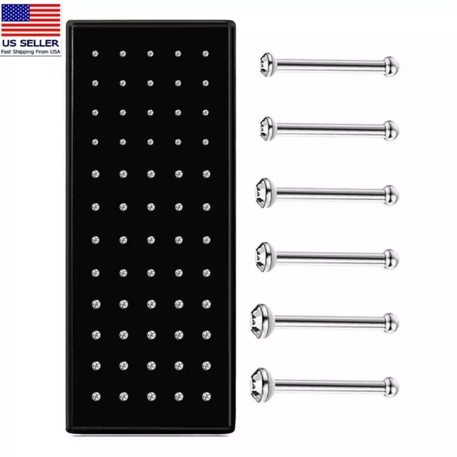 60PC CZ Nose Rings Bone Stud Stainless Steel Silver Body Piercing Pin Jewelry