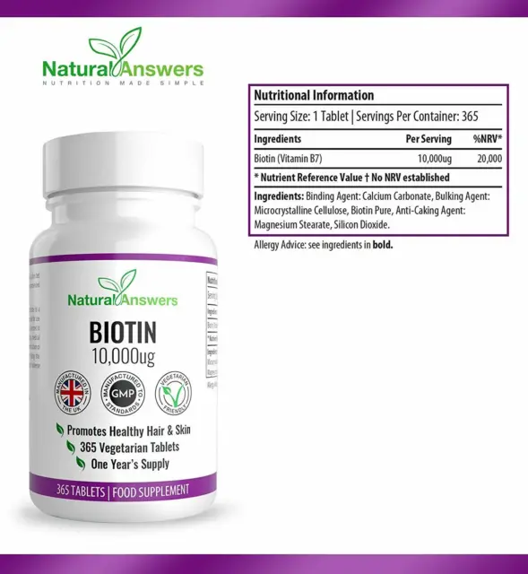 NATURAL ANSWERS BIOTIN Hair Growth Supplement Biotin 10,000UG 365 Tablets  EUR 23,77 - PicClick IT