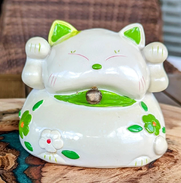 Vintage FAT CAT Kitty Piggy Bank Ivory And Green With Bell, Flower, Bow GUC