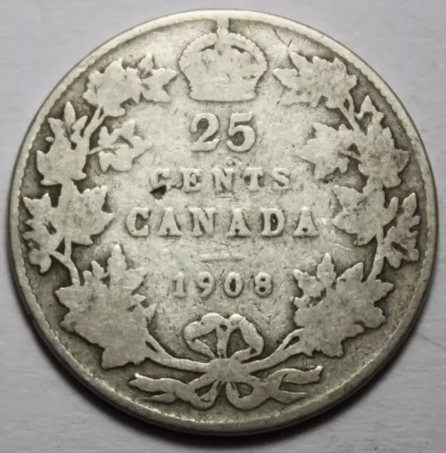 Canada 1908 Silver 25 Cents, Old Date King Edward VII (96b)