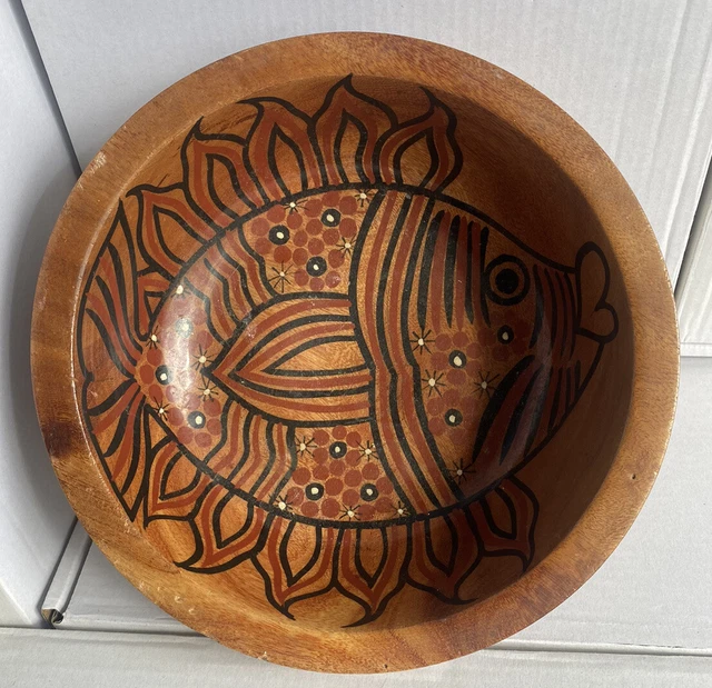 Vintage Mexican Handpainted Lacquered Turned Wood Bowl Fish Tiki Mid century 8x4