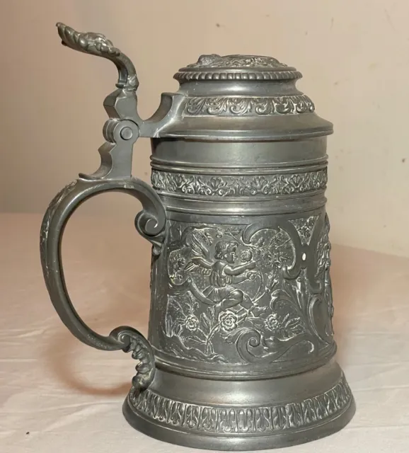 Rare antique 19th century ornate Victorian handmade pewter lidded beer stein mug
