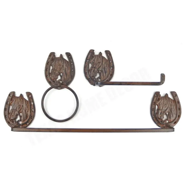 Horseshoe Horse Bathroom Accessory Set 3 Pieces Rustic Towel Bar Ring Cast Iron