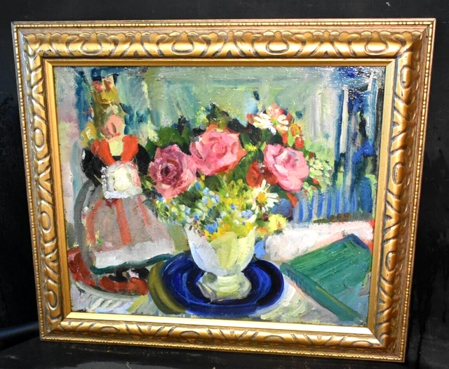 Tableau ancien huile Nature morte aux fleurs et poupées signé XXème