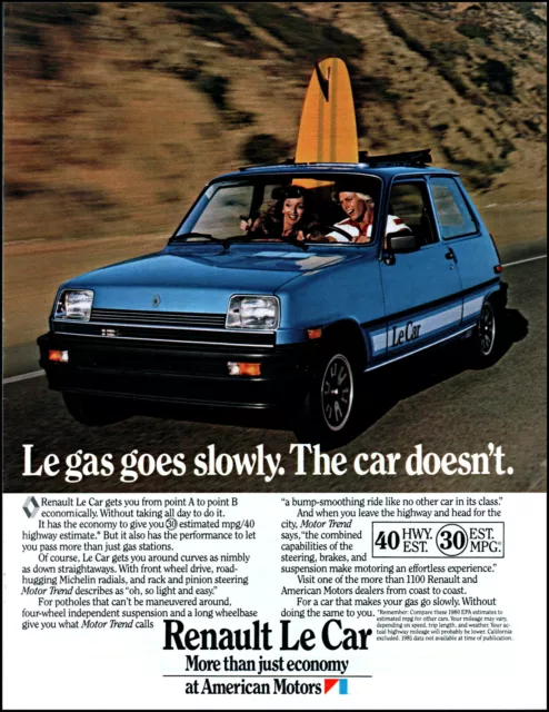 1980 Renault Le Car American Motors couple surfboard retro photo print ad L51