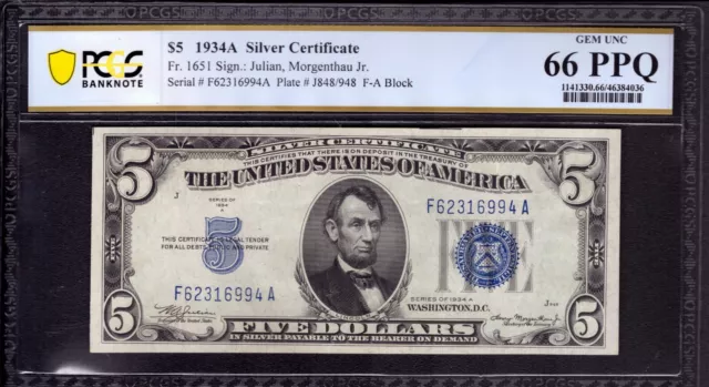 1934 A $5 Silver Certificate Note Fr 1651 Fa Block Pcgs B Gem Unc 66 Ppq