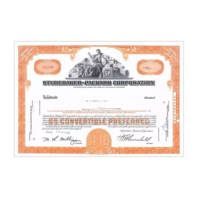 Studebaker-Packard Corp. Stock Certificate // 1-99 Shares // Orange // 1950s-60s