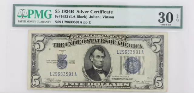 $5 1934B Silver Certificate Note FR#1652 LA Block PMG 30 EPQ Very Fine