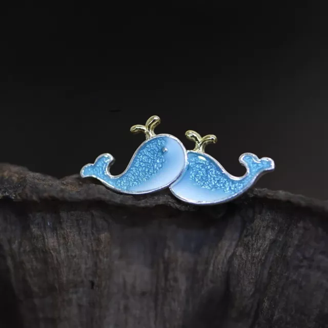 Real Solid 925 Sterling Silver Stud Women Lucky Blue Enamel Dolphin Earrings