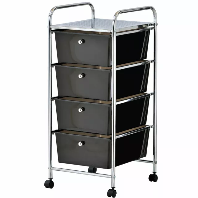 Portable 4 Drawers Cabinet Storage Trolley on Wheel Cart Home Office Salon Black
