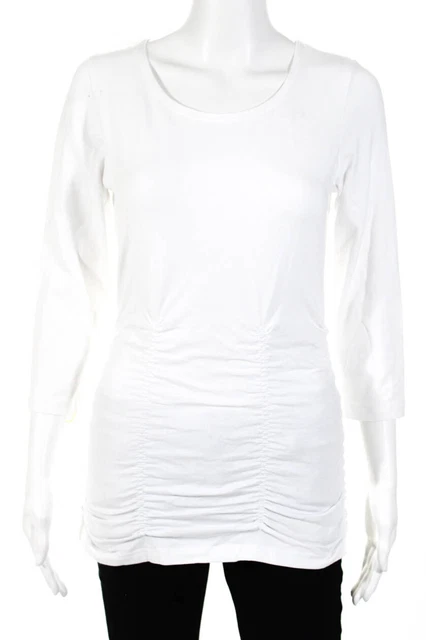 Magdalena Womens Long Sleeve Crew Neck Blouse White Ruffled Cotton Size S