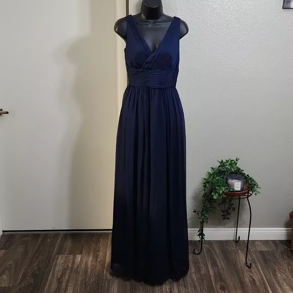 ML Monique Lhuillier Bridesmaid Navy Ruched V-Neck Maxi Dress Size 10