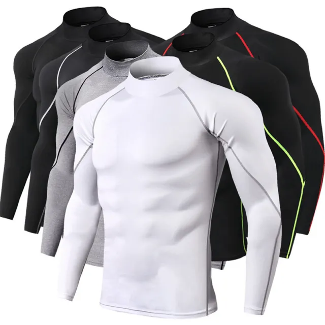 Hommes Col Roulé Serré T-Shirt Compression Pull T-Shirts Hauts Tunique ✿