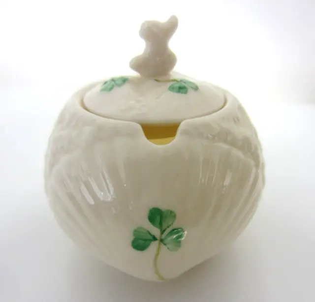 Belleek Mustard Jar Pot Irish Clover Vintage Trinket 1940s Harp Shamrock