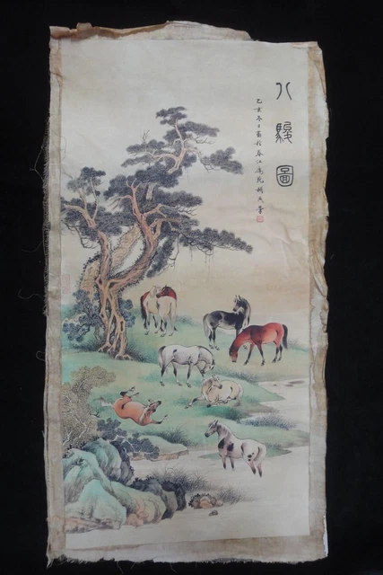 Very Large Chinese Old Hand Painting "BaJunTu" Horses "HuChengRong" Mark