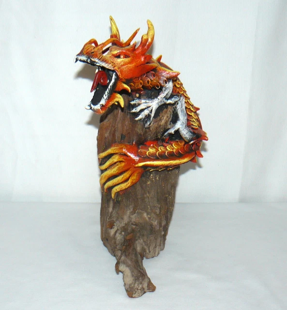 Asian Wood Carved Dragon On Thick Tree Branch Hand Painted