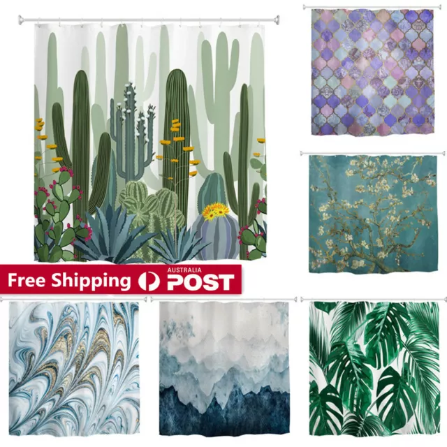 Plants Flowers Marble Shower Curtain Waterproof Liner Art Bathroom Decor Fabric