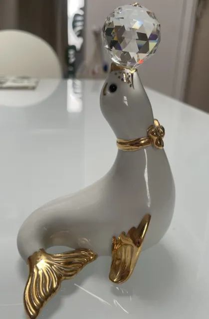 CAPODIMONTE RICHARD GINORI Gold Porcelain Seal Figurine Swarovski Crystal Ball