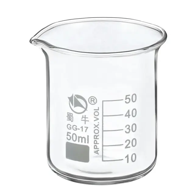 50ml Low Form Glass Beaker, 3.3 Borosilicate Graduated Lab Measuring Cups