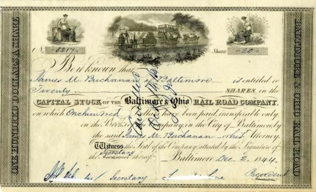 Baltimore and Ohio Railroad Co. Issued to James M. Buchanan - Railway Stock Cert