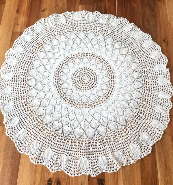 Vintage Hand crochet 60" Round Tablecloth Handmade Cotton White EUC