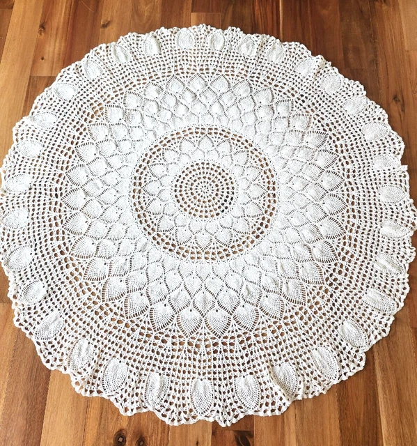 Vintage Hand crochet 60" Round Tablecloth Handmade Cotton White EUC