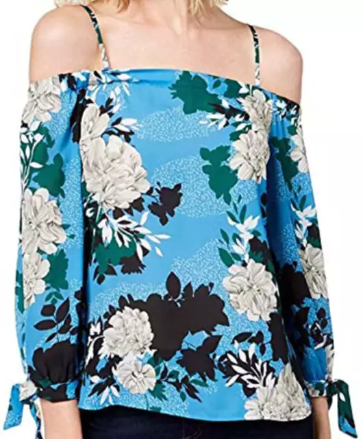 allbrand365 designer Womens Off-The-Shoulder Floral Casual Top Size Large, Blue