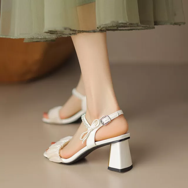 Ladies Beaded Ankle Strap Sandals Womens Block Mid Heels Bowtie Slingback Shoes