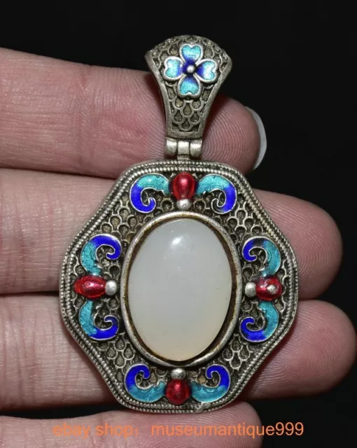 2.2" ancient Chinese Silver Cloisonne inlay white jade flower bat Amulet pendant
