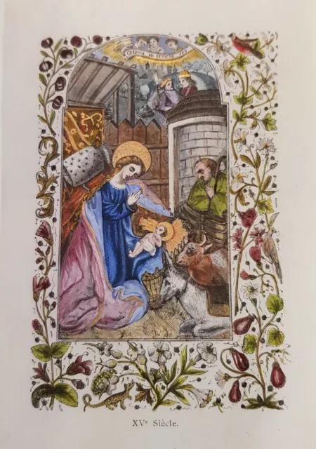 Miniatur Lithographie Altkoloriert Stundenbuchblatt Geburt Jesu Christ Um 1850
