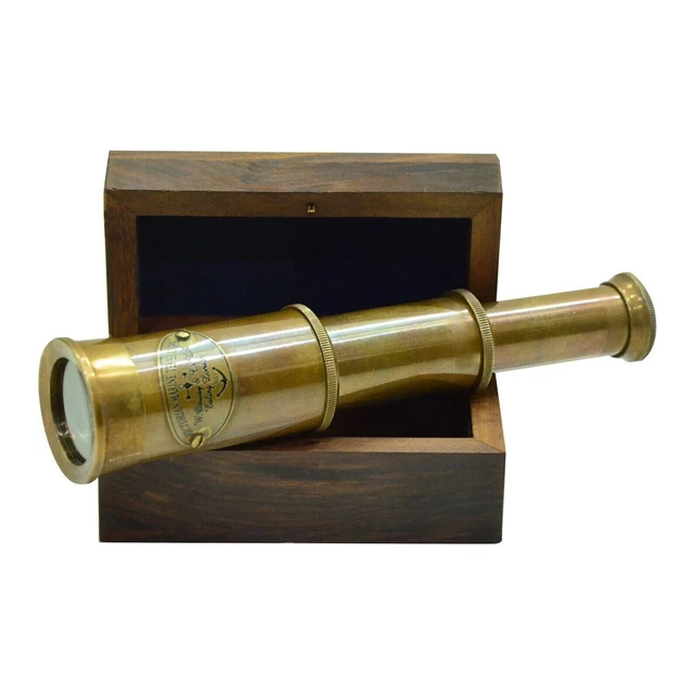 Handmade Brass Spyglass Brown Antique Finish Telescope With Wooden Case, A Gift
