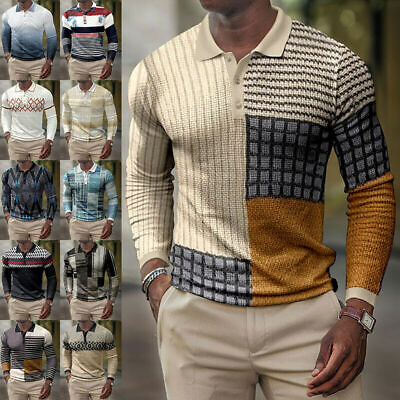 Men's Long Sleeve Plaid Polo Shirt Casual Baggy Lapel Button Tops T-shirt Blouse