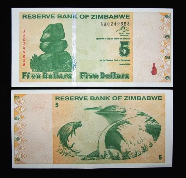 Billet de banque de 5 dollars du Zimbabwe 2009 non circulé UNC révisé...