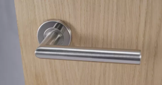 Modern Brushed Satin Stainless Steel Mitred Lever Handle On Sprung Rose