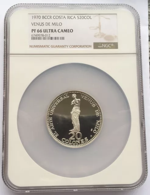 Costa Rica 1970 Venus de Milo 20 Colones NGC PF66 1.4oz Silver Coin,Proof