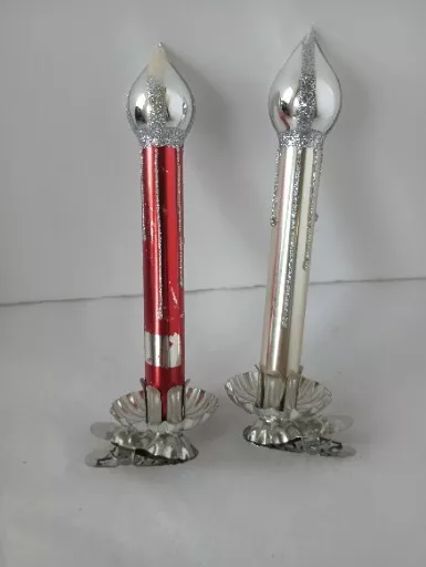 Vintage Red Silver Blown Glass Clip On Christmas Tree Candle Ornaments Lot Of 2