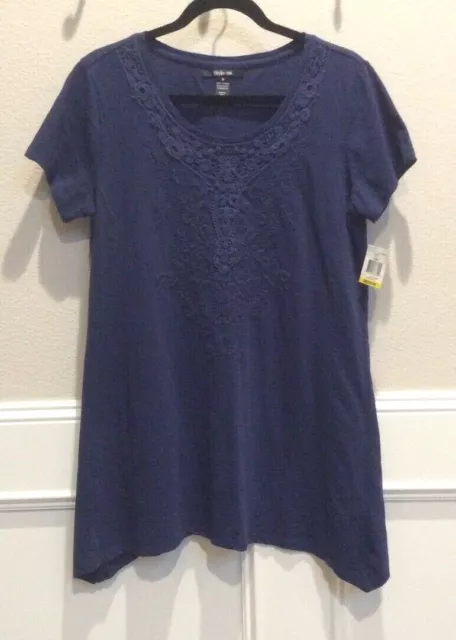 New  STYLE & CO. Blue Cotton  Tunic Top Shirt Embroidered  M