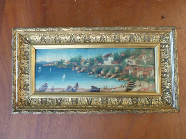 Ancienne peinture sur bois bord de mer avec son cadre en bois doré et sculptés