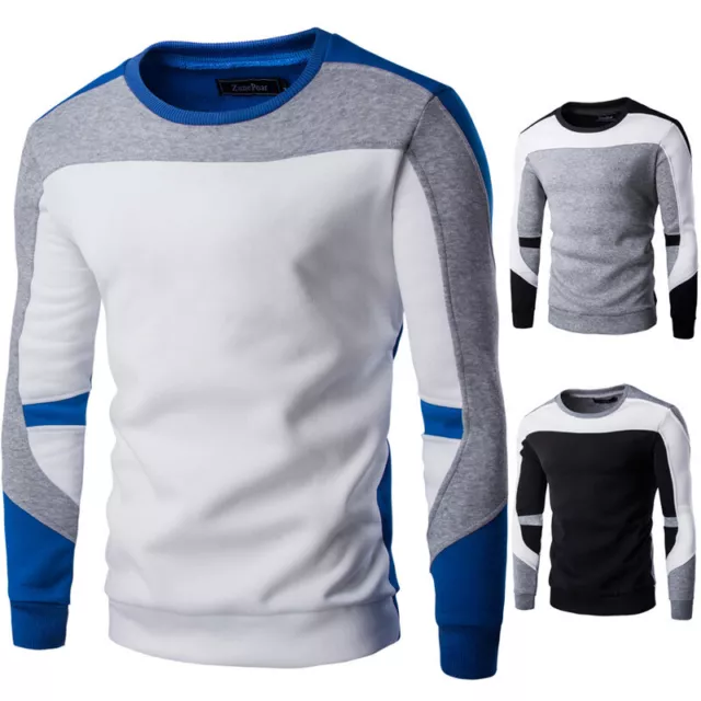 Men Sweatshirt T-Shirt Pullover Tops Jumper Long Sleeve Colorblock Crew Neck UK