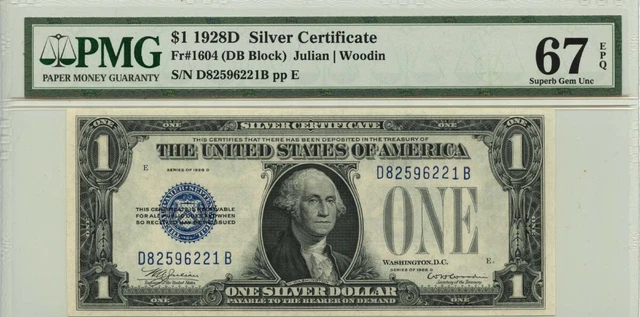 1928D $1 Silver Certificate Blue Seal Fr# 1604 PMG Superb 67 EPQ