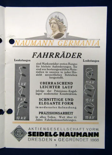 Orig. Prospekt Fahrrad/ Rennrad von Naumann Germania Dresden um 1920 sf 2