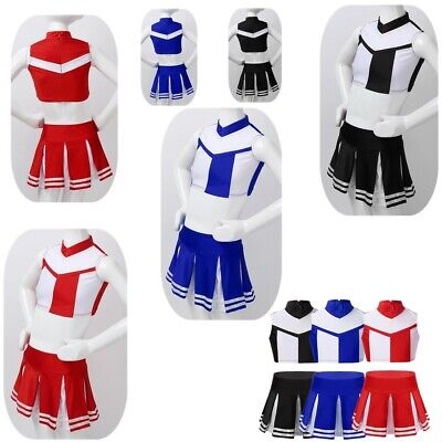 Girls Cheerleader Costume Kids Crop Top + Pleated Skirt Stage Performance Outfit