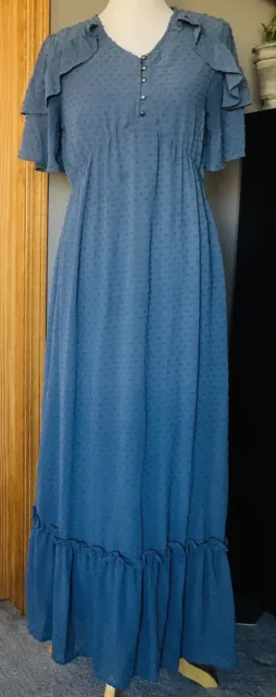 Orange Creek Women’s Maxi Dress Tiered Boho Sz M Gray-Blue Cottage Prairie Dots