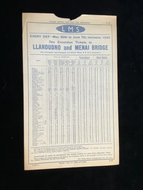 LMS 1936 Railway Handbill Llandudno & Menai Bridge From Manchester Area